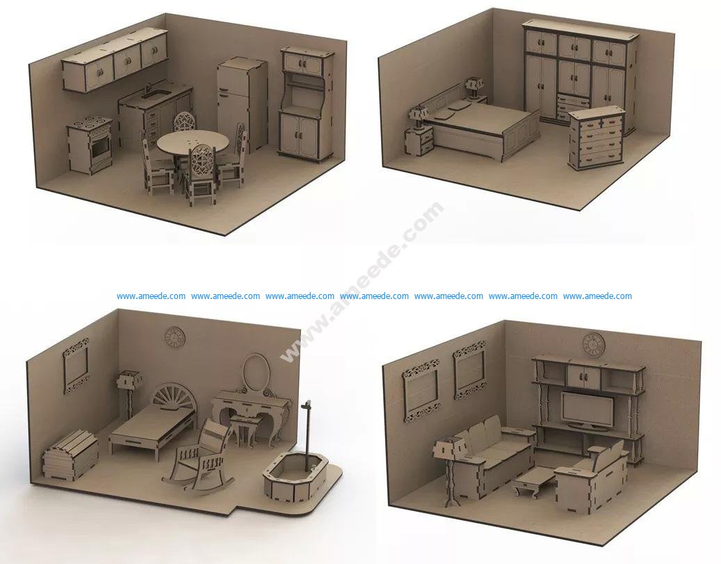 Furniture Set Doll House Mdf Laser Cut Download Free Vector