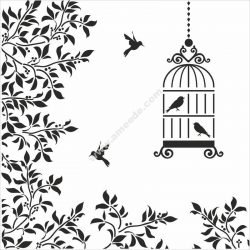 Silhouettes Birds Cage Flowers Illustration