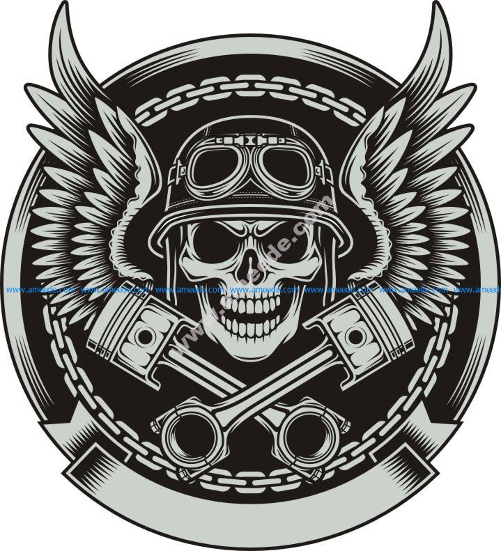 Vintage Biker Skull with Wings and Pistons Emblem