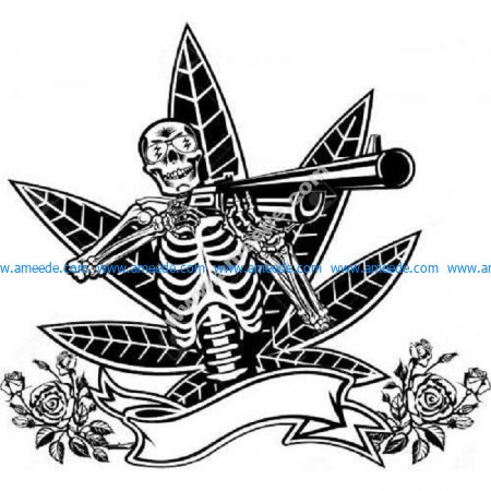 Skeleton with shotgun cannabis roses