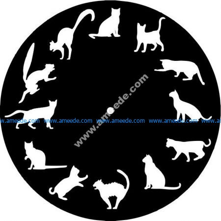 clock with 12 standing postures of the cat