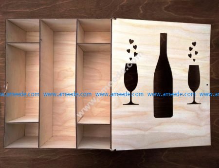 Wooden box with bottle and wineglass