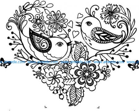 Decorative hearts birds and flowers