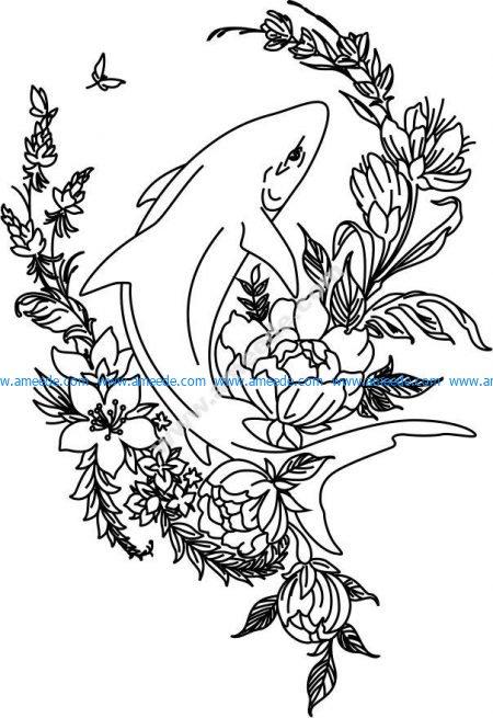 Vector engraving pattern of dolphin and flowers