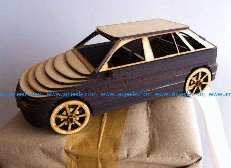 Wooden cars are cut by a laser