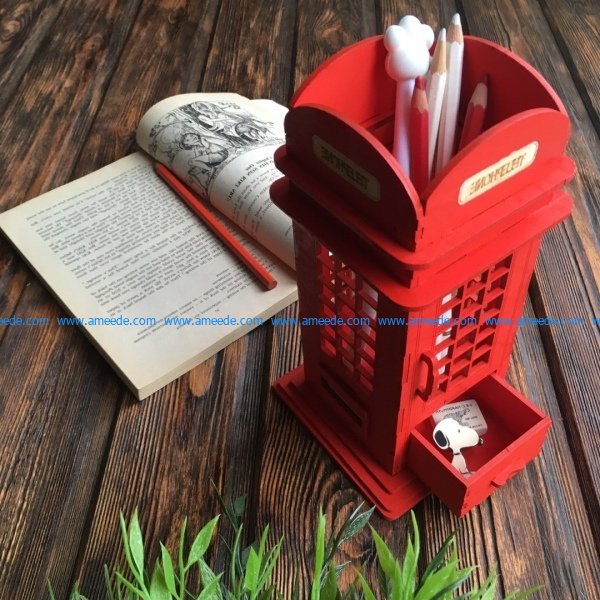British Phone Booth Pencil Holder file cdr and dxf free vector download for Laser cut CNC