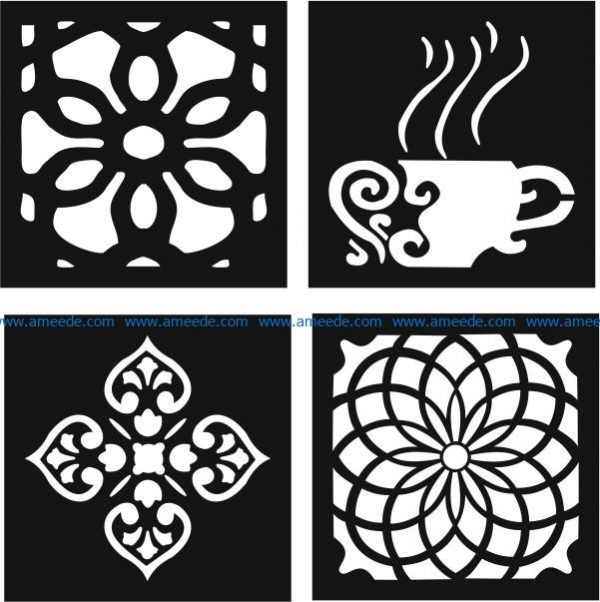 Decorative motifs of flower squares and coffee cups file cdr and dxf free vector download for Laser cut CNC