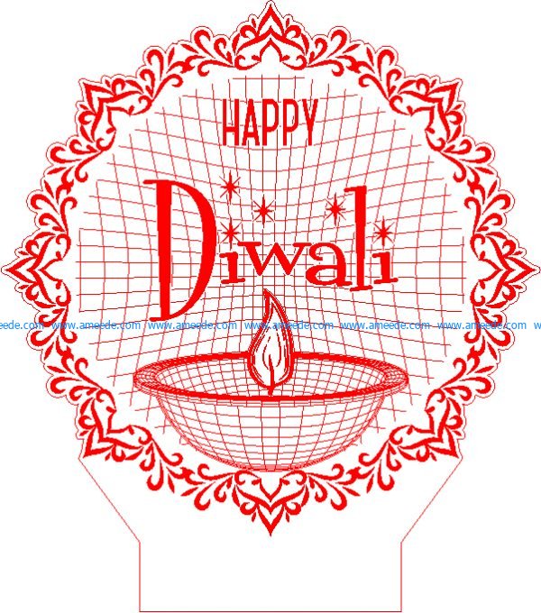 Diwali holidays 3D illusion led lamp file cdr and dxf free vector download for laser engraving machines