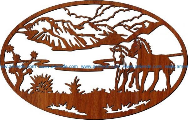 Picture of two horses in the field file cdr and dxf free vector download for Laser cut CNC