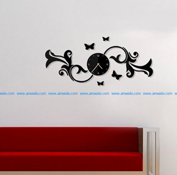 Wall clock with butterflies on a branch file cdr and dxf free vector download for Laser cut CNC