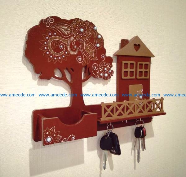 key hanger shaped house and tree free vector download for Laser cut CNC