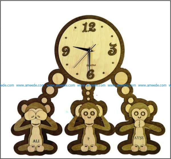 the wall clock shows three monkeys file cdr and dxf free vector download for Laser cut CNC