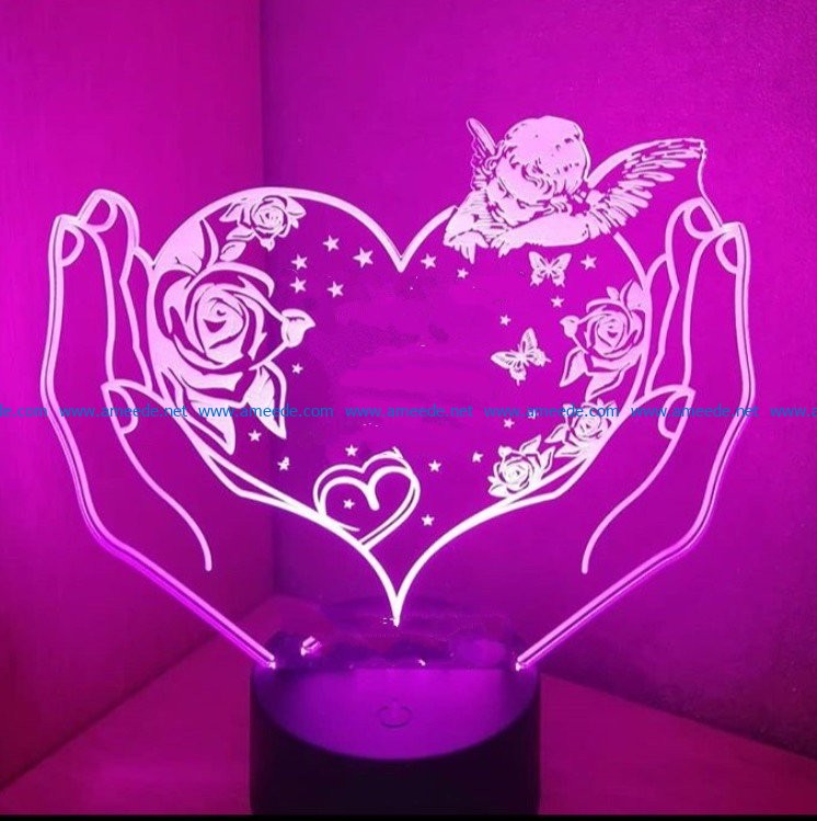 3D illusion led lamp heart and angel file cdr and dxf free vector download for laser engraving machines