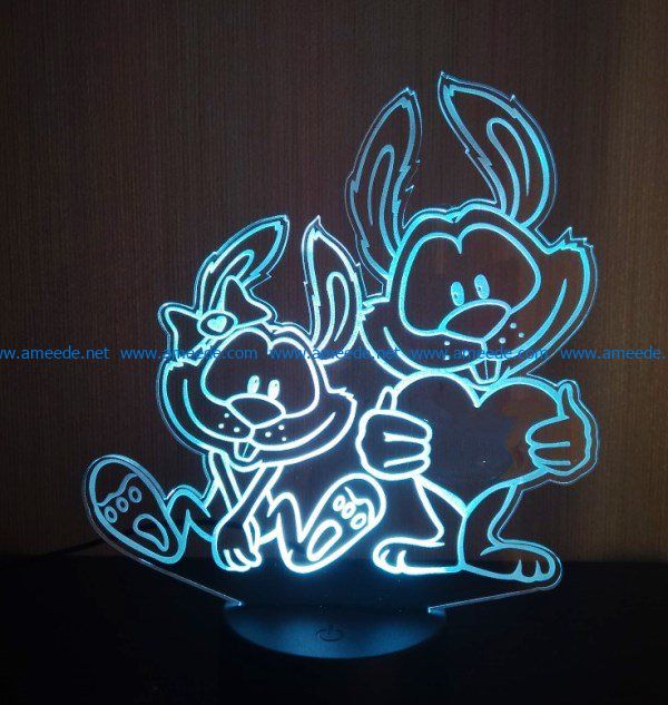 3D illusion led lamp two Rabbit file cdr and dxf free vector download for laser engraving machines