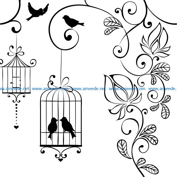 Birds, flowers and birdcages file cdr and dxf free vector download for laser engraving machines