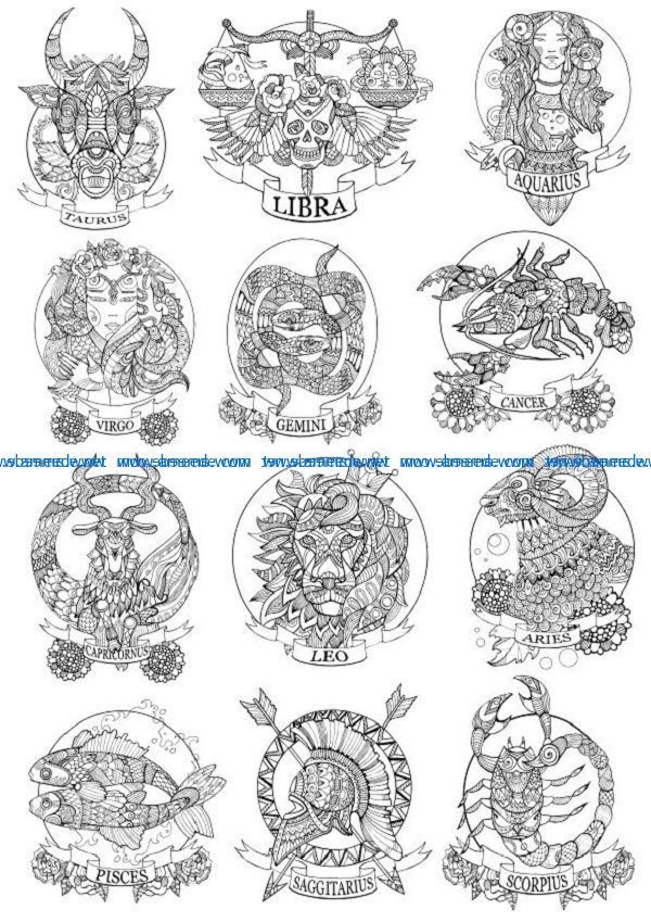 Zodiac file cdr and dxf free vector download for print or laser engraving machines