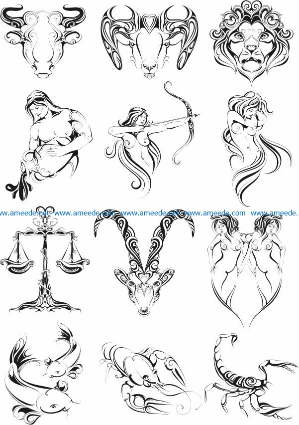 Zodiac file cdr and dxf free vector download for print or laser engraving machines