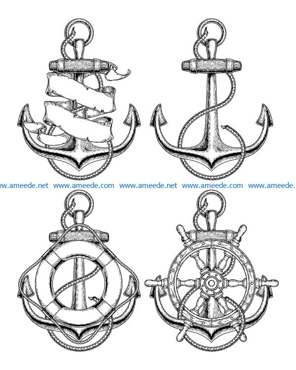 anchor and steering wheel file cdr and dxf free vector download for print or laser engraving machines