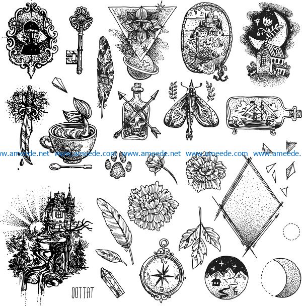 tattoo illustration set file cdr and dxf free vector download for print or laser engraving machines