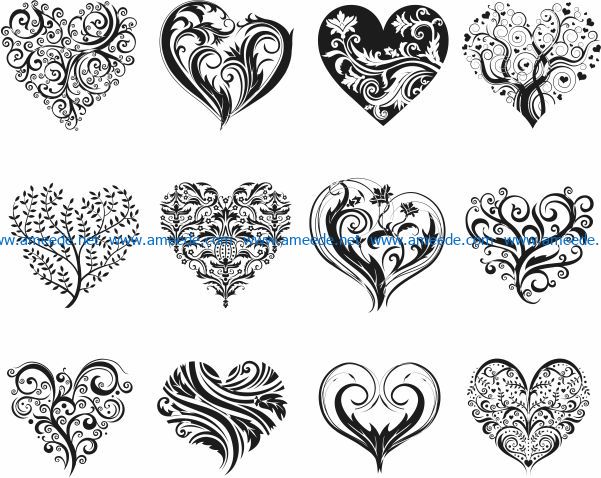 Decorative heart motifs free vector download for print or laser engraving machines
