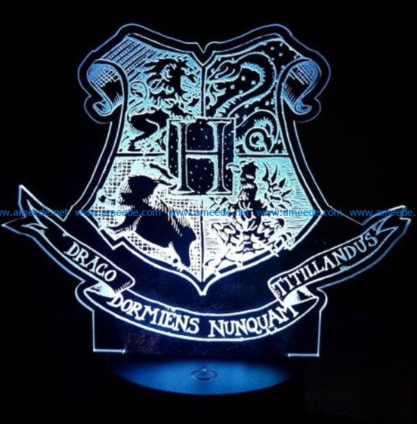 3D illusion led lamp Hogwarts school character free vector download for laser engraving machines