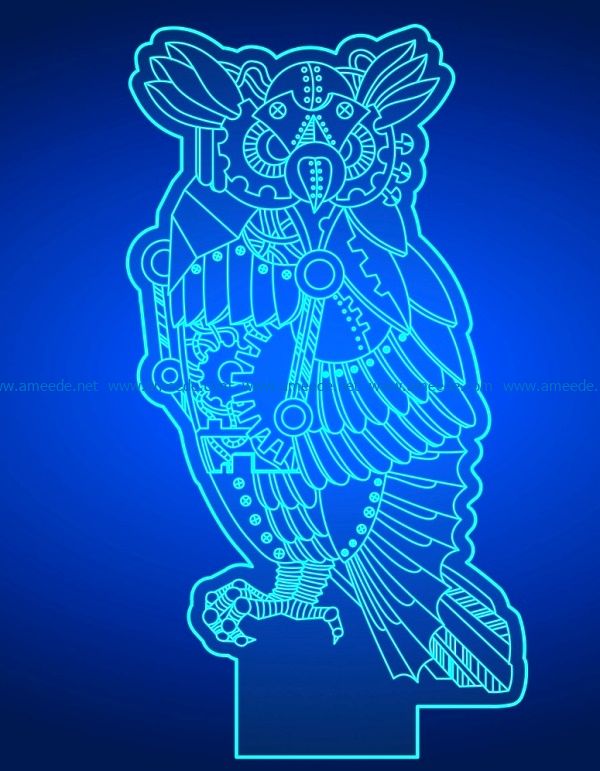 3D illusion led lamp owl free vector download for laser engraving machines