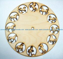 12 horse wall clock file cdr and dxf free vector download for Laser cut