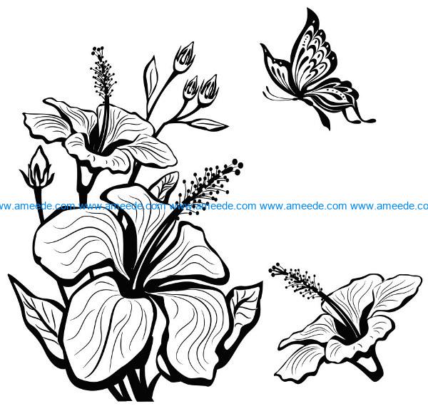 Hibiscus flowers and butterflies file cdr and dxf free vector download for laser engraving machines