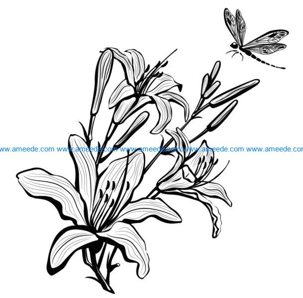 Tuberose with dragonfly file cdr and dxf free vector download for laser engraving machines