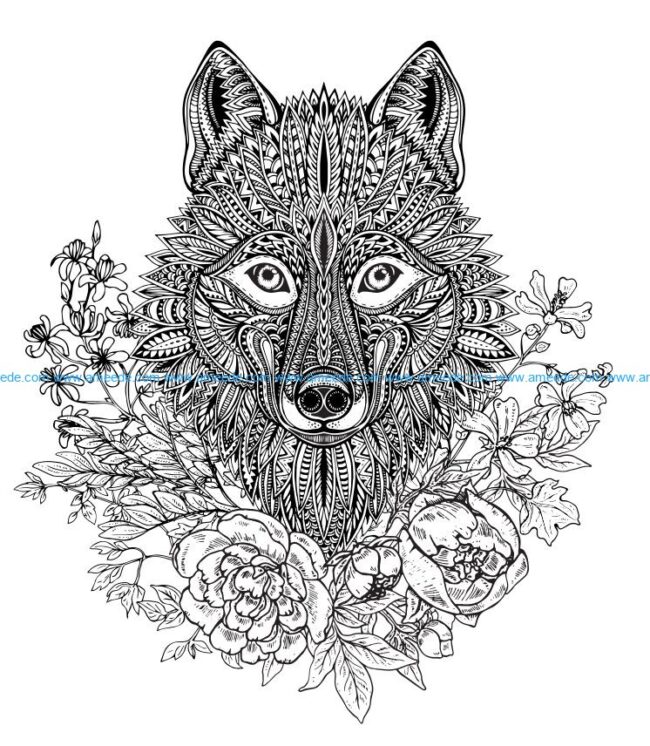 Wolf with flower file cdr and dxf free vector download for laser engraving machines