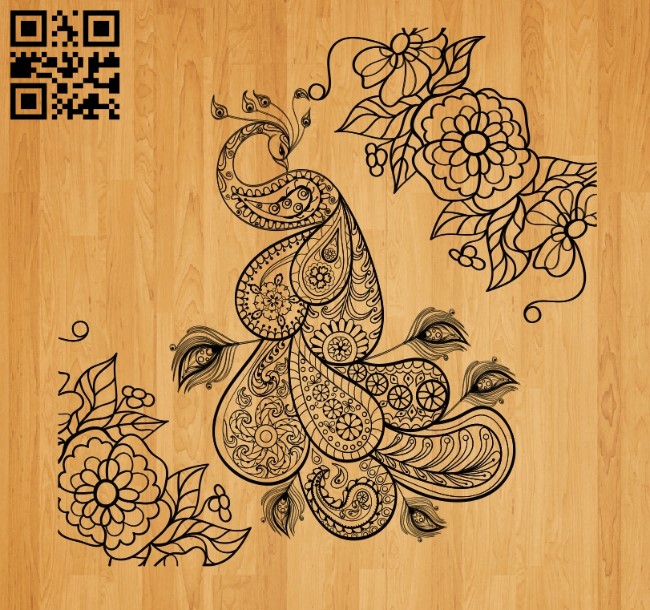 Peacock with flower E0010553 file cdr and dxf free vector download for laser engraving machines