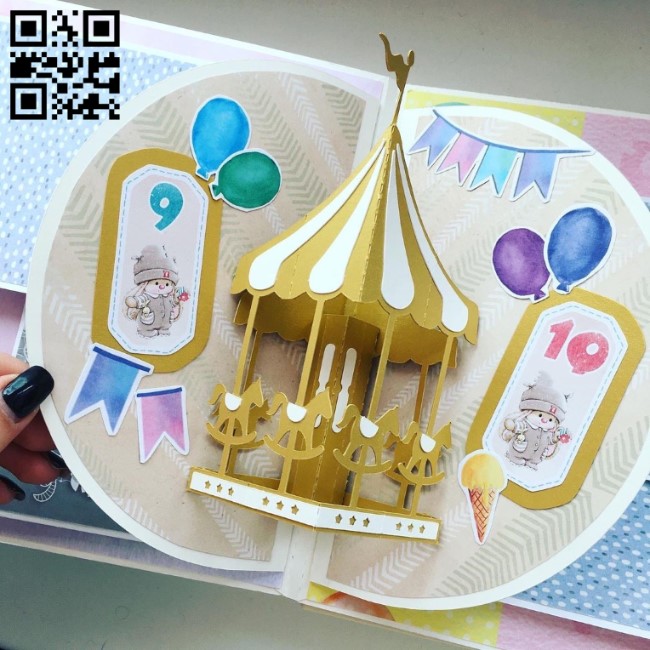 Carousel card 3D paper cut E0010619 file cdr and dxf free vector download for laser cut