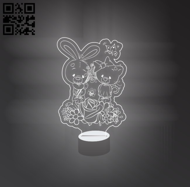 3D illusion led lamp Rabbits and bears E0011175 file cdr and dxf free vector download for laser engraving machines