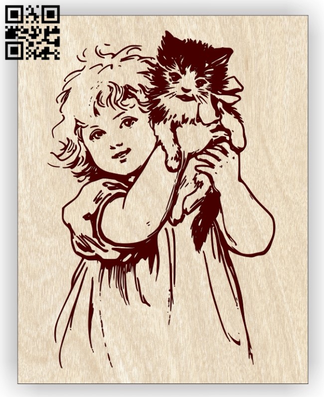 Girl with a kitten E0012979 file cdr and dxf free vector download for laser engraving machines