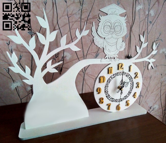 Owl on the tree clock E0013199 file cdr and dxf free vector download for laser cut
