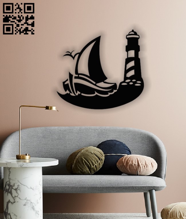 Sailboat with lighthouse E0013099 file cdr and dxf free vector download for laser cut plasma