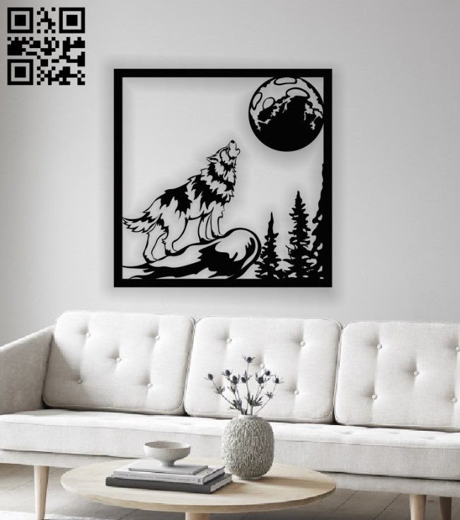 Wolf with moon panel E0012973 file cdr and dxf free vector download for laser cut plasma
