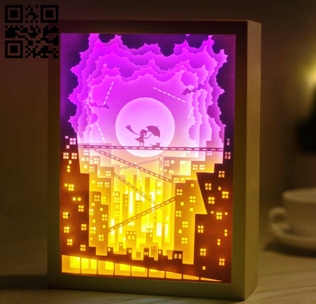 Kid and Cat's dream light box E0014249 file cdr and dxf free vector download for laser cut