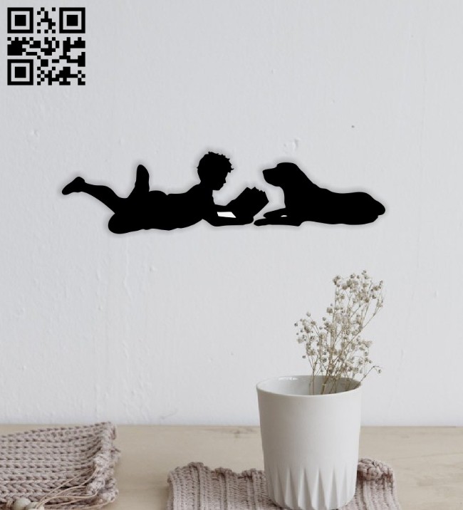 Boy reading book with dog wall decor E0014576 file cdr and dxf free vector download for laser cut plasma