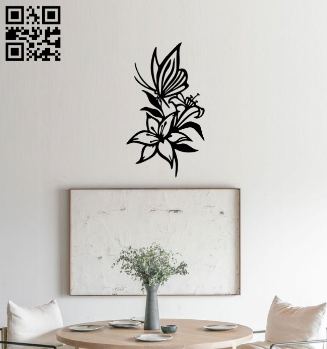 Butterfly with lily wall decor E0014833 file cdr and dxf free vector download for laser cut plasma