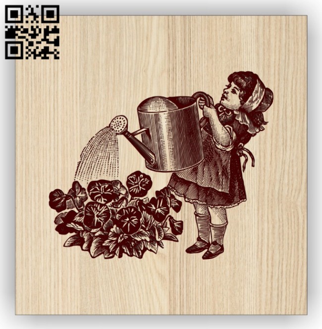Little girl watering flowers E0014532 file cdr and dxf free vector download for laser engraving machine