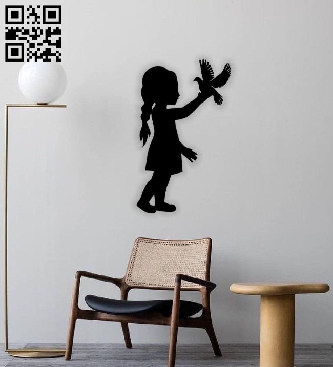 Little girl with bird wall decor E0014558 file cdr and dxf free vector download for laser cut plasma