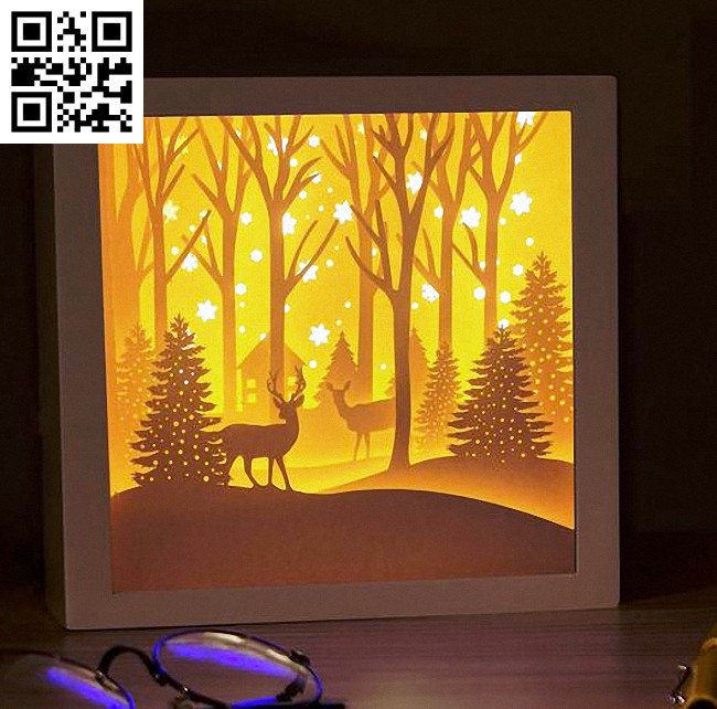 Merry Christmas in the pine forest light box E0014774 file cdr and dxf free vector download for laser cut