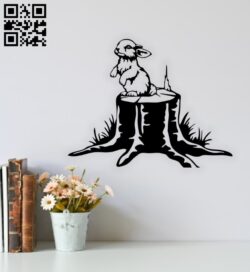 Rabbit on a tree stump wall decor E0014765 file cdr and dxf free vector download for laser cut plasma