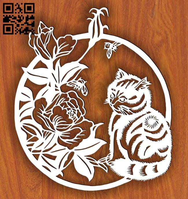 Cat with flower E0015042 file cdr and dxf free vector download for laser cut