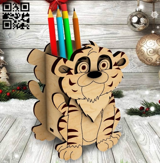 Tiger pencil holder E0015320 file cdr and dxf free vector download for laser cut