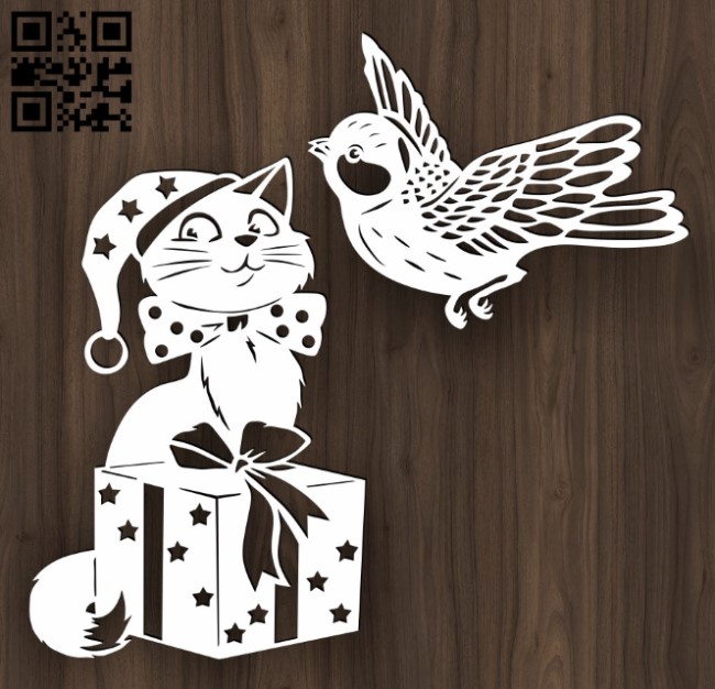 Cat with bird E0016648 file pdf free vector download for laser cut
