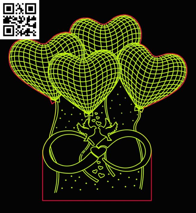 3D illusion led lamp Heart balloons E0018502 free vector download for laser engraving machine