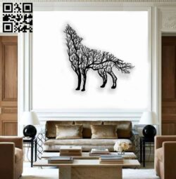 Wolf with tree E0018747 file cdr and dxf free vector download for laser cut plasma