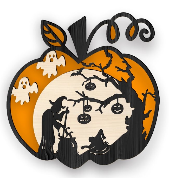 Layered pumpkin and witch E0019975 file cdr and dxf free vector download for laser cut